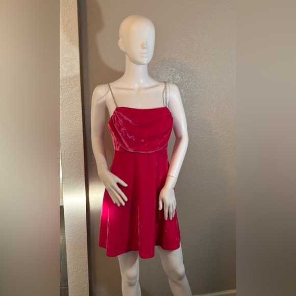 🥳♥️ Chelsea & Violet Fuschia Velvet Rhinestone Strap Mini Dress - Picture 3 of 7